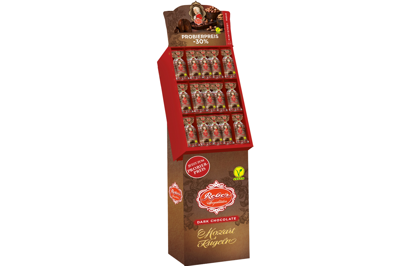 Reber Mozart Kugeln "Dark Chocolate" VEGAN 8er Tüte (160g) - 75er Bodendisplay